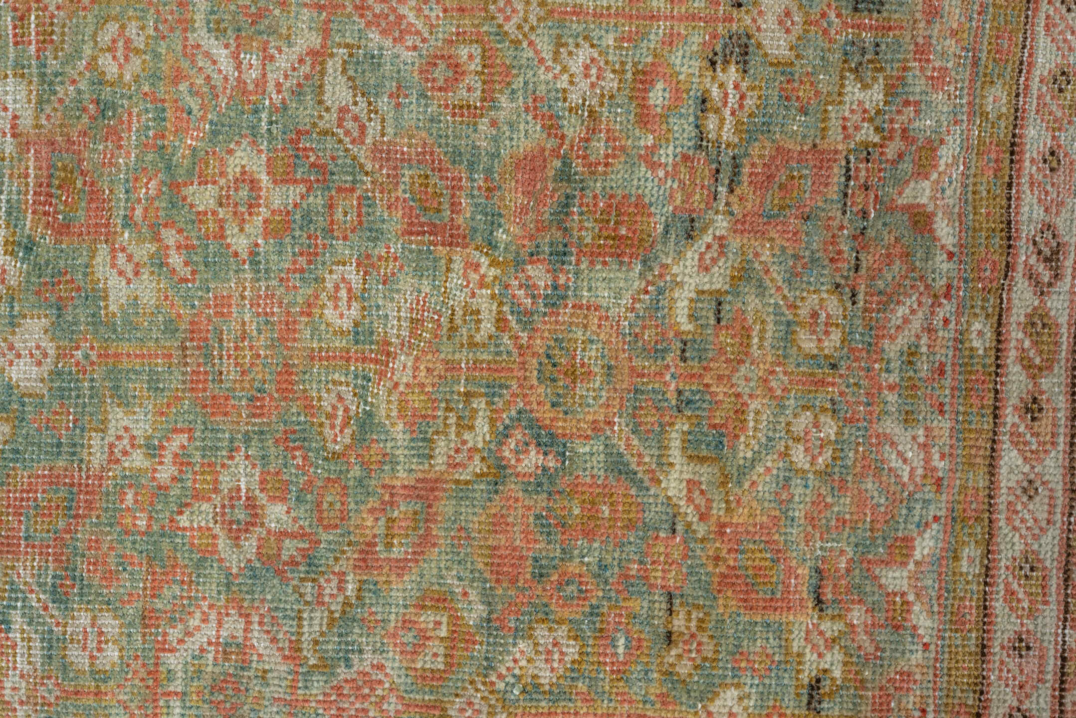 4' x 6' one-of-a-kind handmade antique Farahan small size rug. Color palette: seafoam, terra cotta, ivory, sage, rose, taupe
