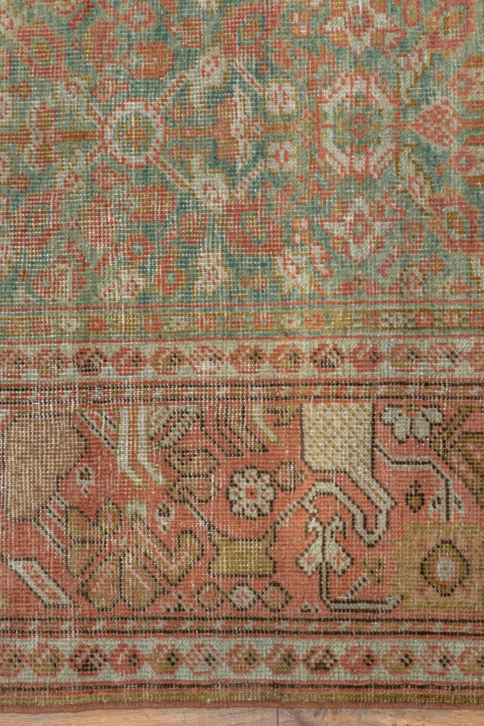 4' x 6' one-of-a-kind handmade antique Farahan small size rug. Color palette: seafoam, terra cotta, ivory, sage, rose, taupe