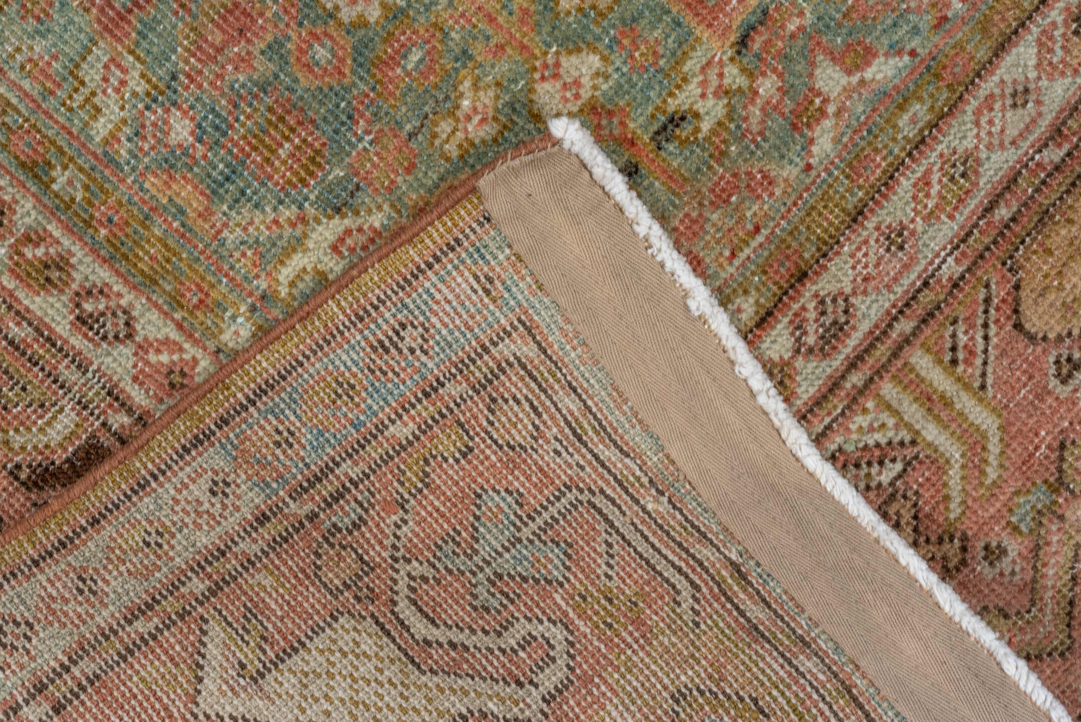 4' x 6' one-of-a-kind handmade antique Farahan small size rug. Color palette: seafoam, terra cotta, ivory, sage, rose, taupe