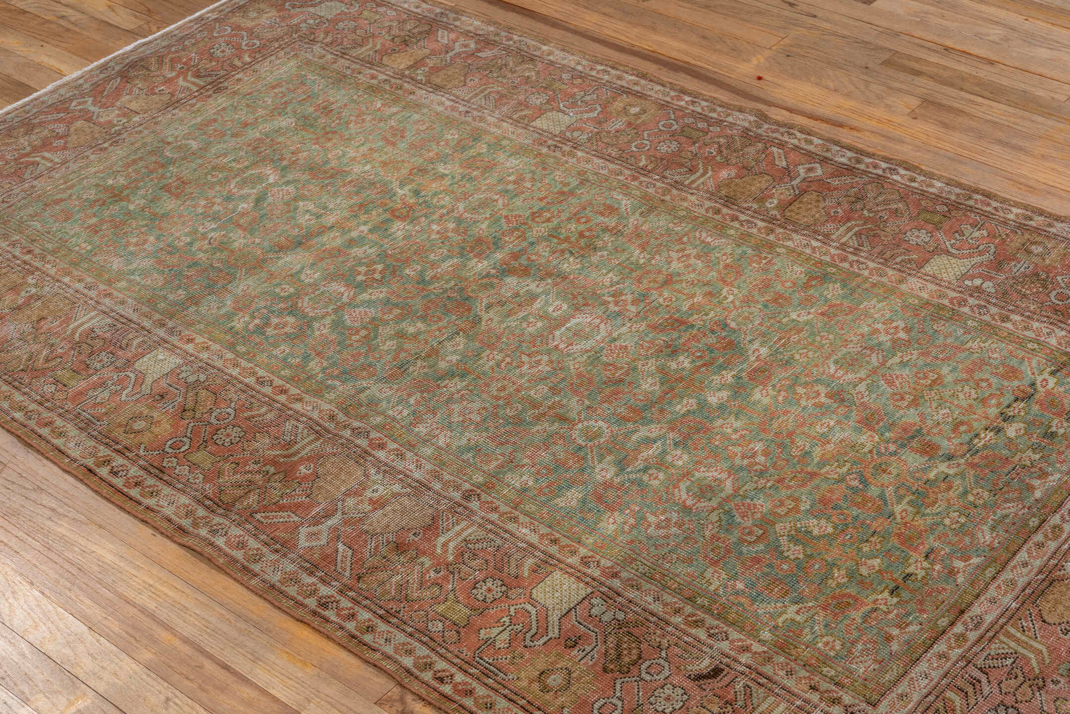 4' x 6' one-of-a-kind handmade antique Farahan small size rug. Color palette: seafoam, terra cotta, ivory, sage, rose, taupe