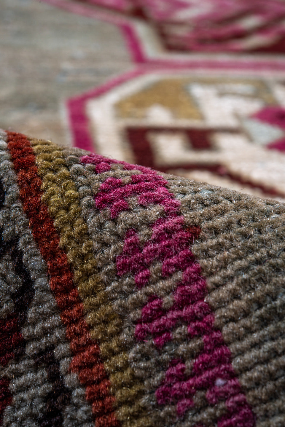 3' x 17' one-of-a-kind handmade vintage Caucasian runner rug. Color palette: brown, gray, off-white, red, snow, white