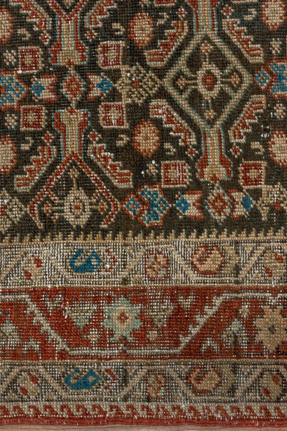 3' x 11' one-of-a-kind handmade antique Karabagh runner rug. Color palette: rust, ivory, charcoal, sky_blue, taupe, camel