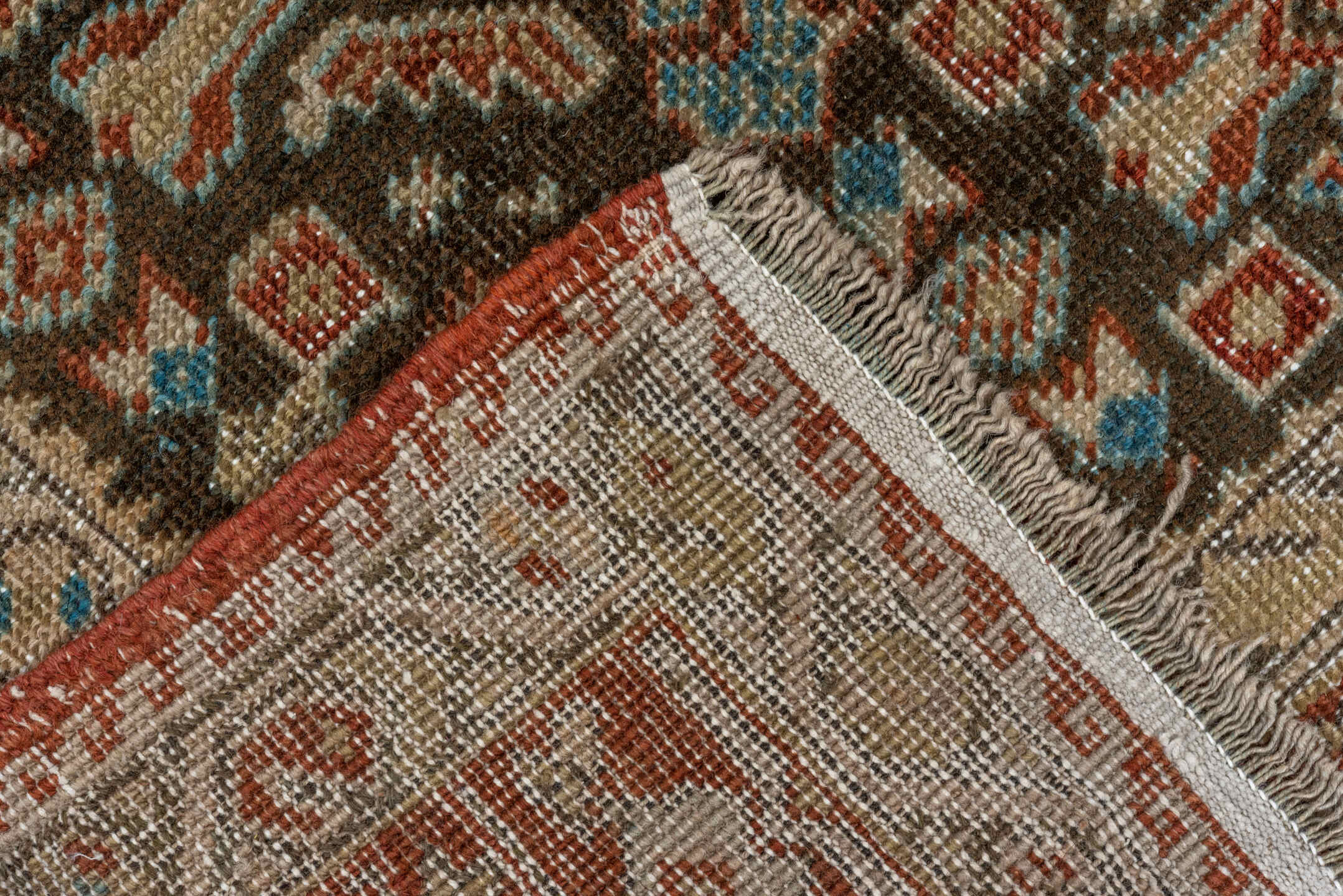 3' x 11' one-of-a-kind handmade antique Karabagh runner rug. Color palette: rust, ivory, charcoal, sky_blue, taupe, camel