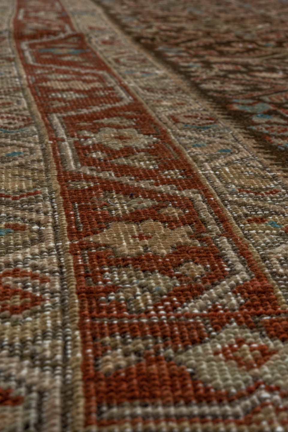 3' x 11' one-of-a-kind handmade antique Karabagh runner rug. Color palette: rust, ivory, charcoal, sky_blue, taupe, camel