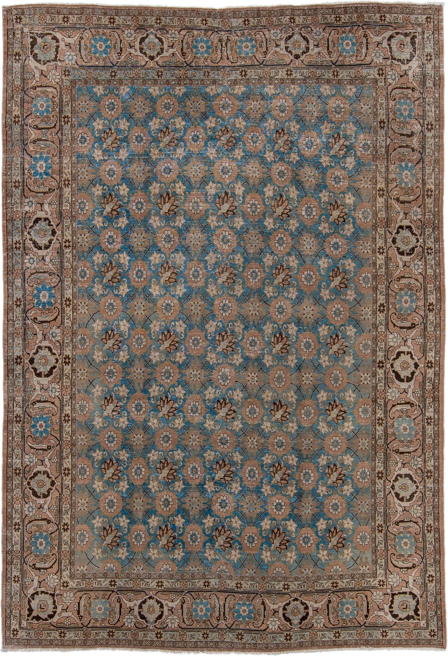 7' x 10' one-of-a-kind handmade vintage Sivas large size rug. Color palette: beige, sky_blue, taupe, brown, ivory, camel