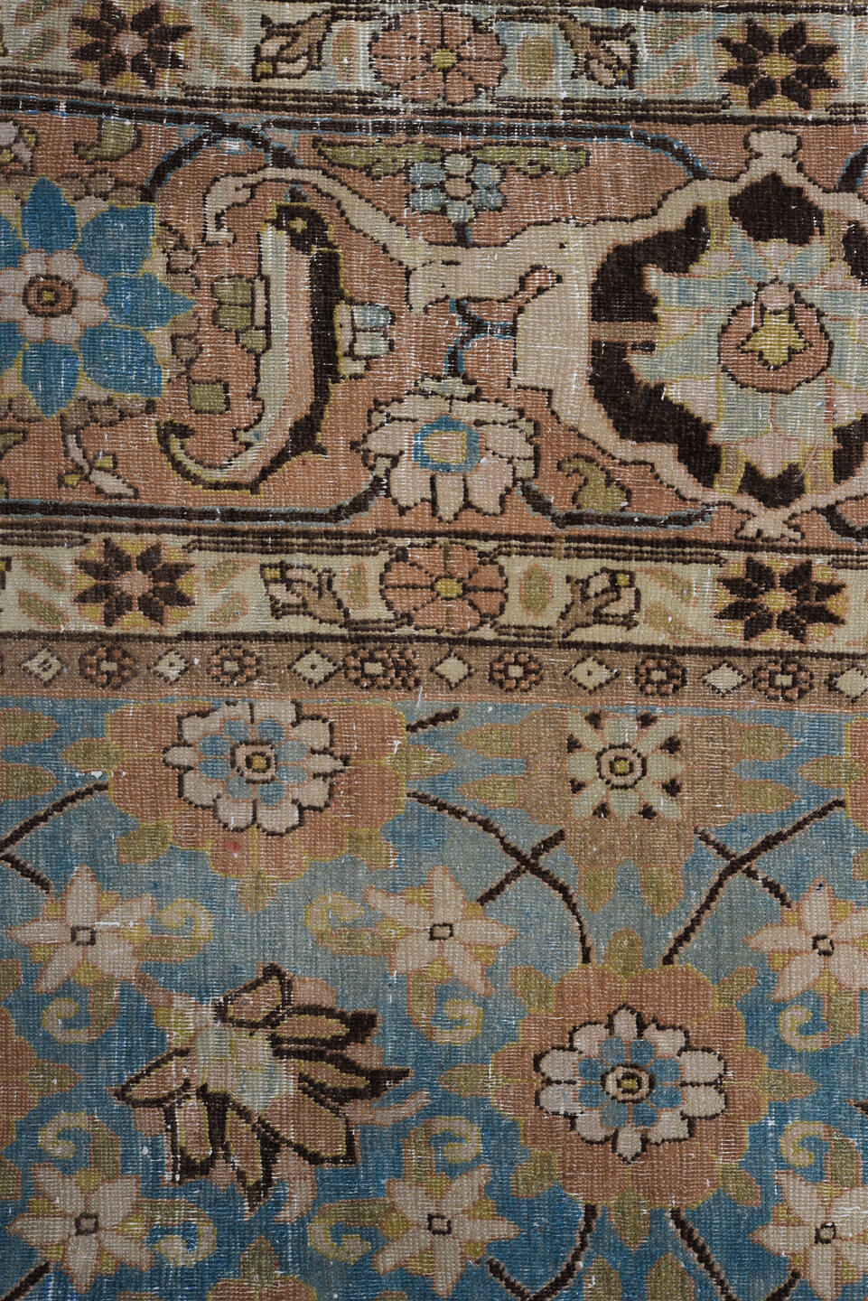 7' x 10' one-of-a-kind handmade vintage Sivas large size rug. Color palette: black, blue, brown, charcoal, gray, light gray