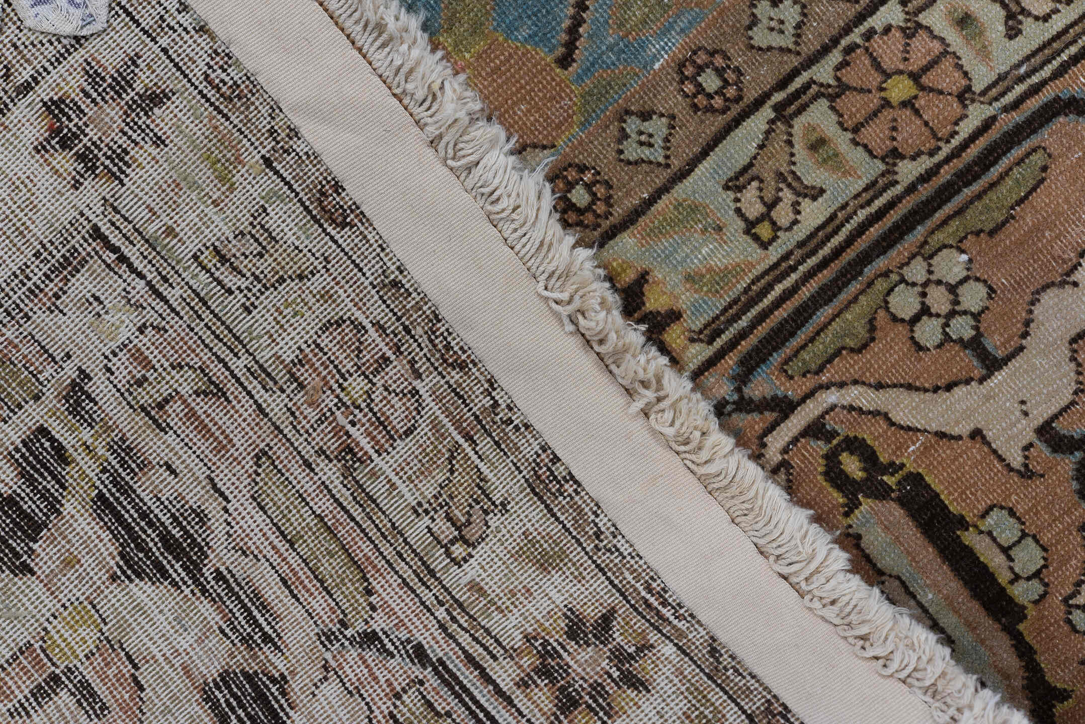 7' x 10' one-of-a-kind handmade vintage Sivas large size rug. Color palette: beige, sky_blue, taupe, brown, ivory, camel