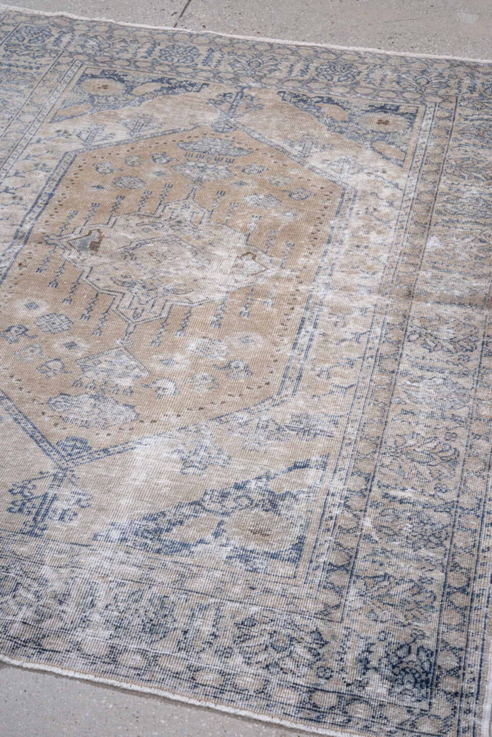 4' x 5' one-of-a-kind handmade vintage Kaisary small size rug. Color palette: blue, dark gray, dim gray, gray, light gray