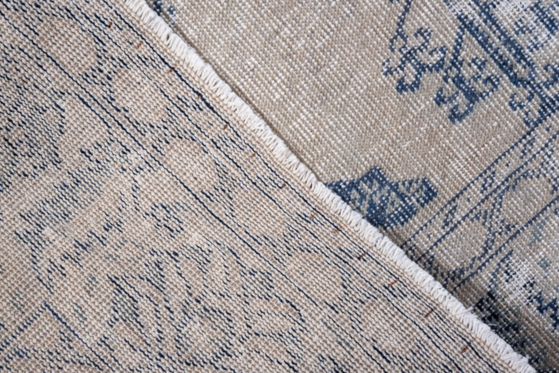 4' x 5' one-of-a-kind handmade vintage Kaisary small size rug. Color palette: blue, dark gray, dim gray, gray, light gray