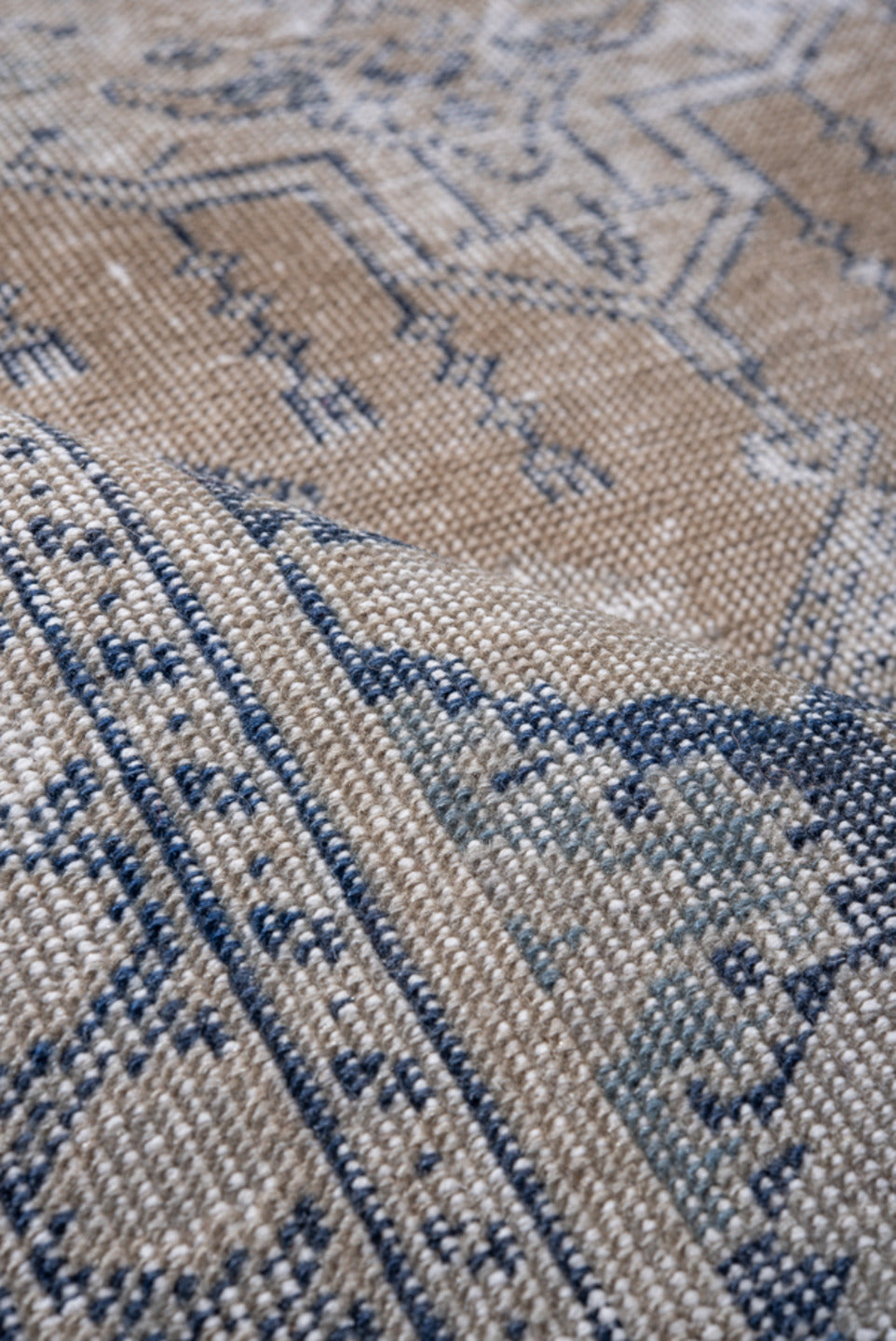 4' x 5' one-of-a-kind handmade vintage Kaisary small size rug. Color palette: blue, dark gray, dim gray, gray, light gray