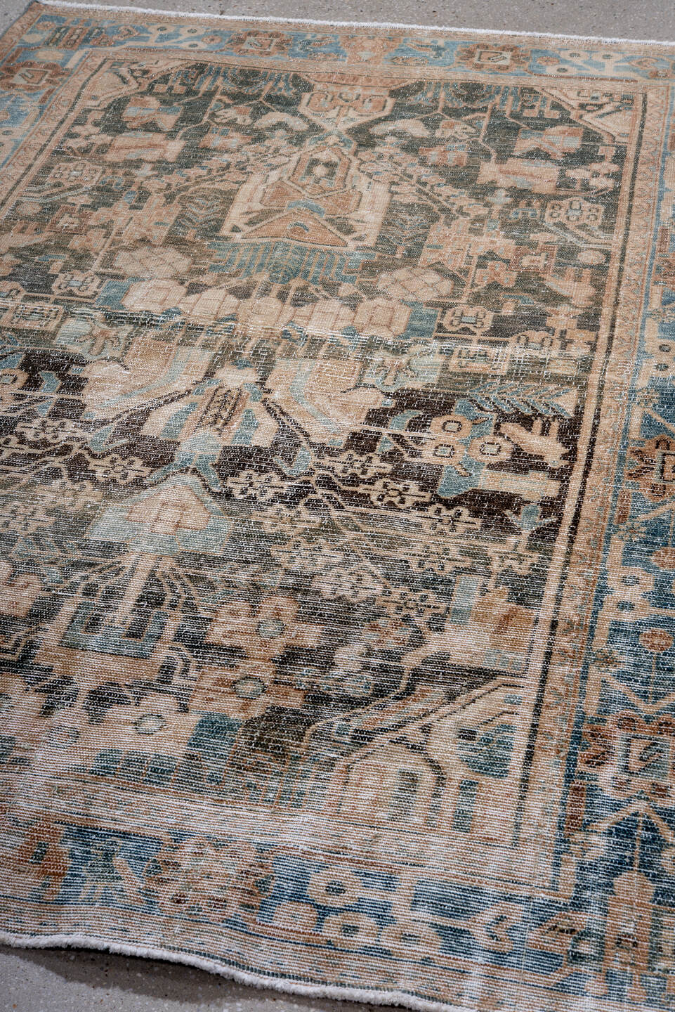 4' x 6' one-of-a-kind handmade antique Malayer small size rug. Color palette: ivory, sky blue, taupe, charcoal, beige, camel