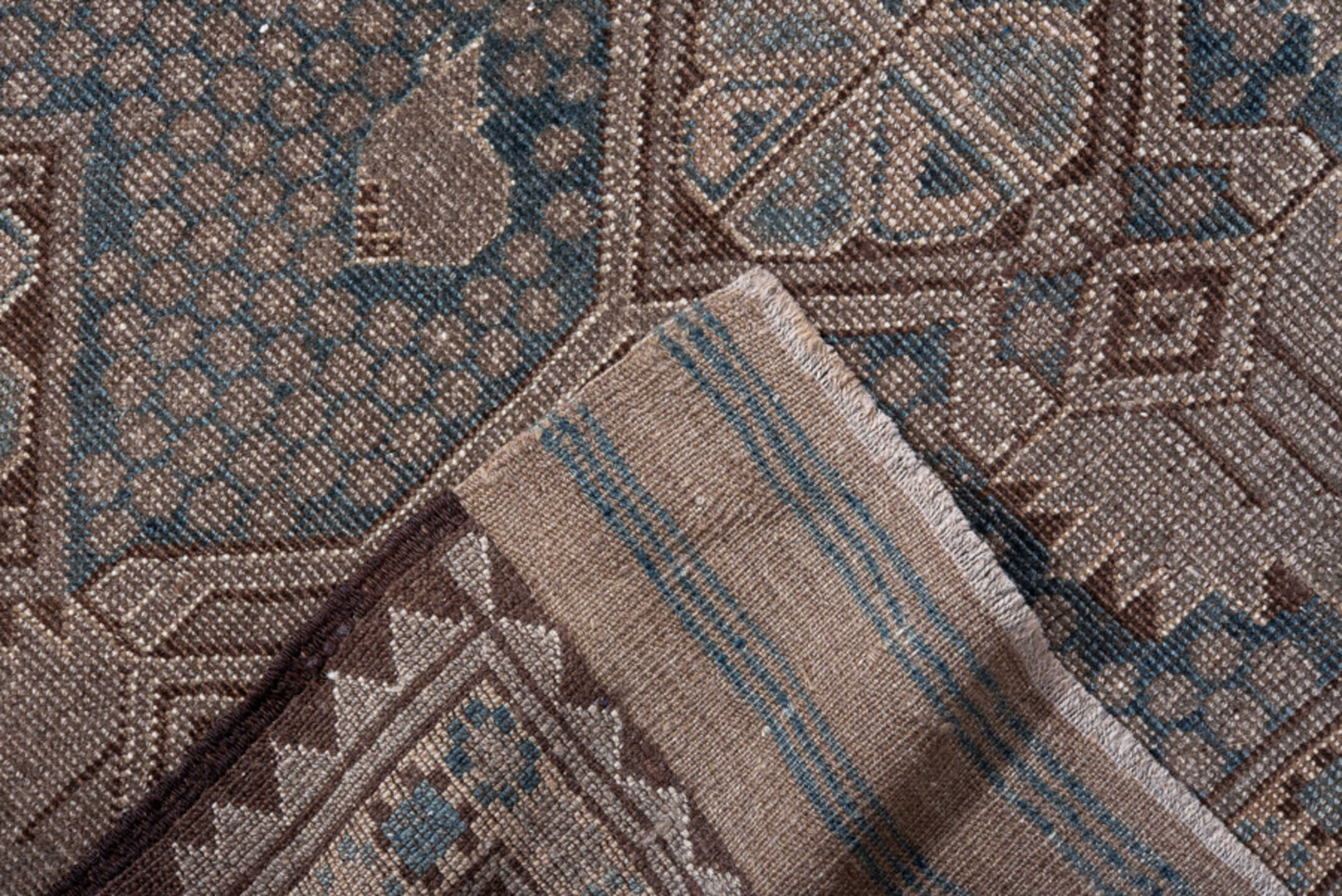 5' x 7' one-of-a-kind handmade vintage Belouch rug. Color palette: pink, gray, black, brown, light gray, blue, charcoal