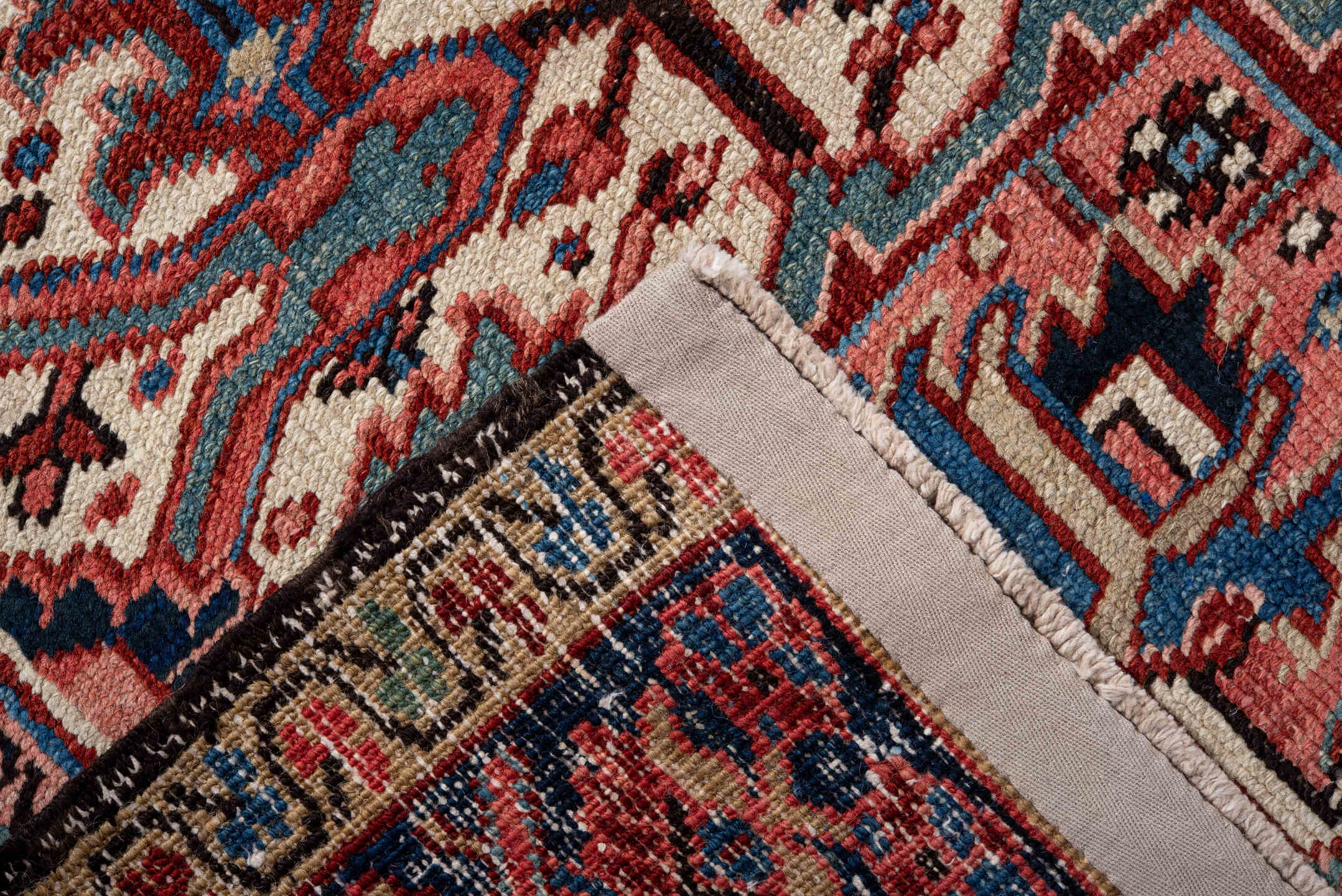 9' x 12' one-of-a-kind handmade vintage Heriz large size rug. Color palette: rust, navy, ivory, coral, slate_blue, rose