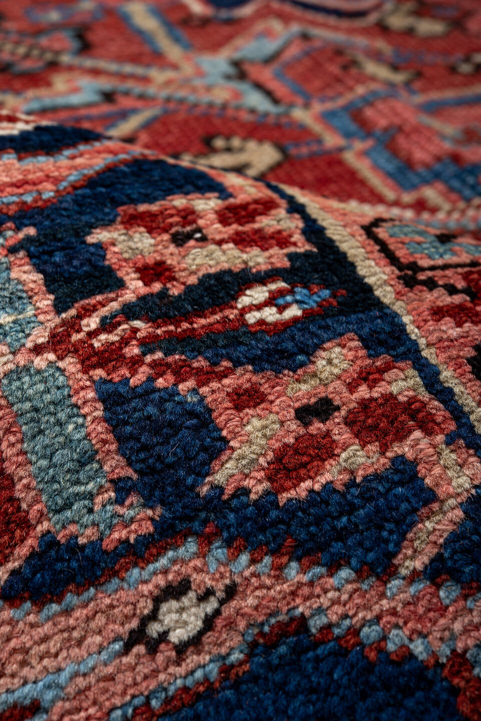 9' x 12' one-of-a-kind handmade vintage Heriz large size rug. Color palette: rust, navy, ivory, coral, slate_blue, rose