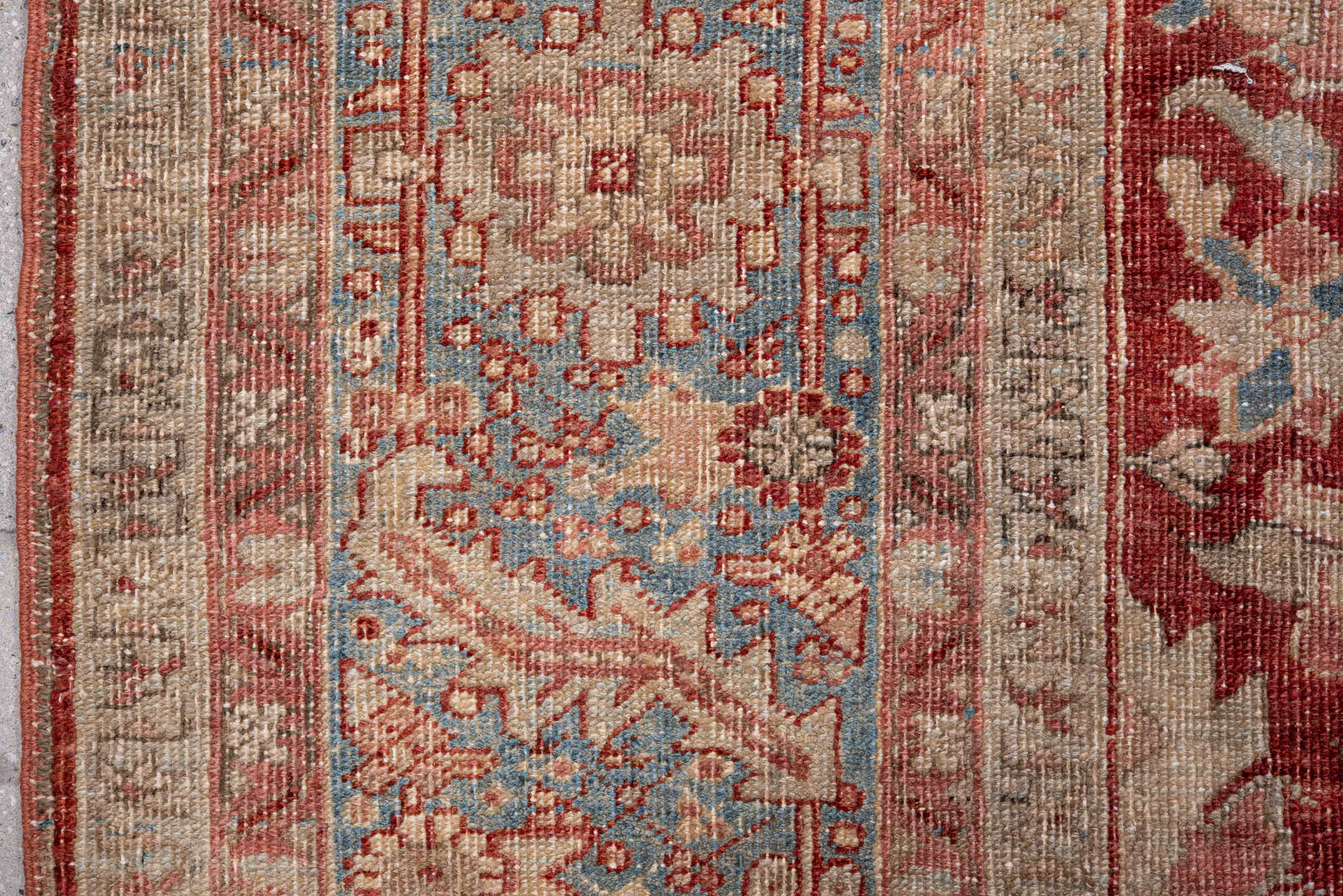 8' x 12' one-of-a-kind handmade antique Heriz large size rug. Color palette: rust, sky blue, ivory, beige, brick, camel