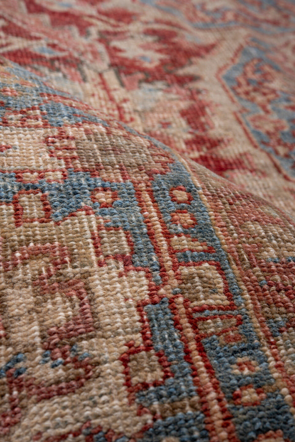 8' x 12' one-of-a-kind handmade antique Heriz large size rug. Color palette: rust, sky blue, ivory, beige, brick, camel