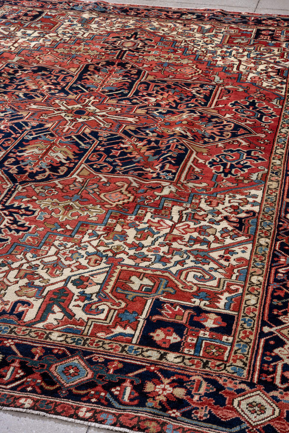 7' x 9' one-of-a-kind handmade vintage Heriz rug. Color palette: blue, brown, dark gray, fiord, gray, light gray, off-white