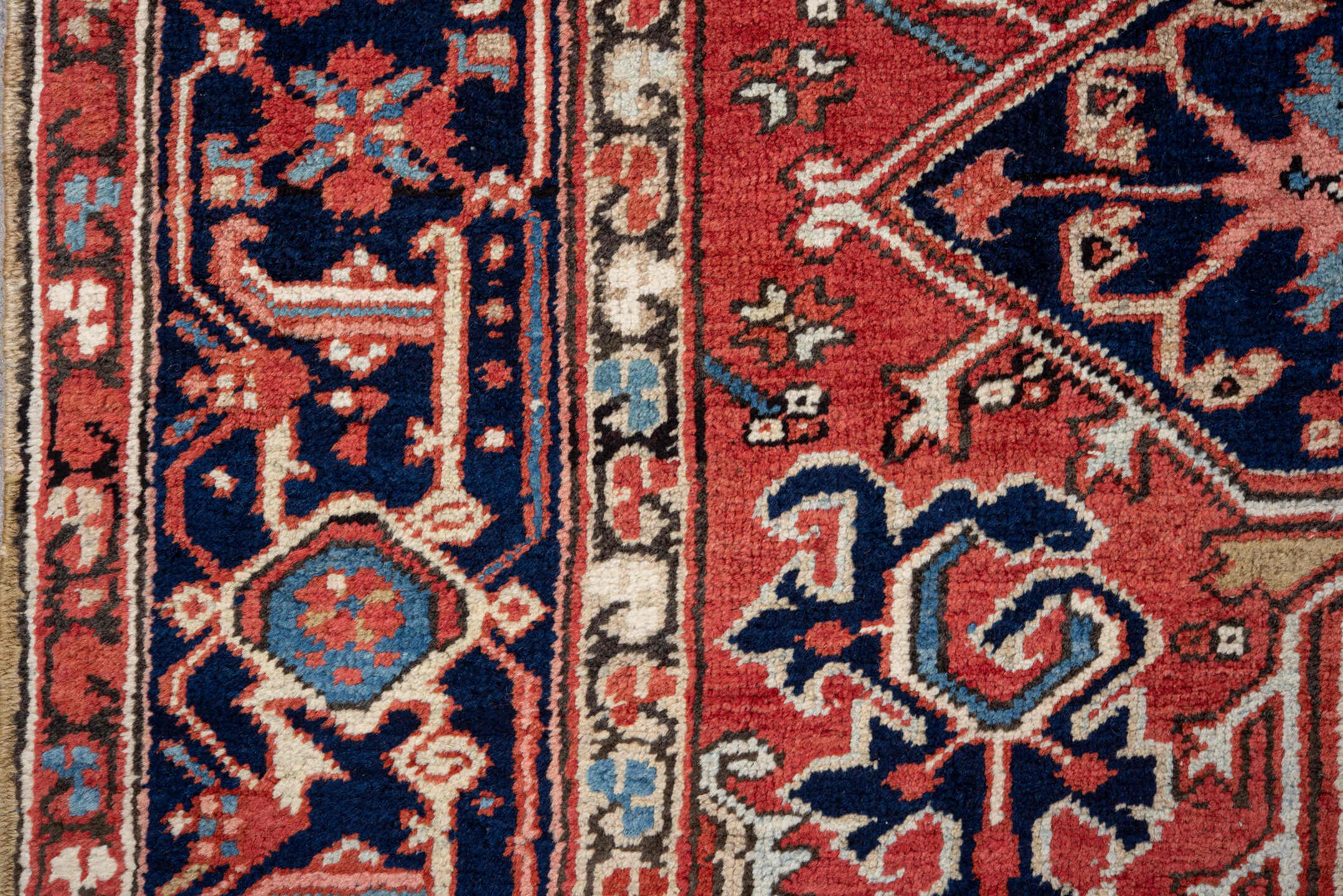 7' x 9' one-of-a-kind handmade vintage Heriz rug. Color palette: blue, brown, dark gray, fiord, gray, light gray, off-white