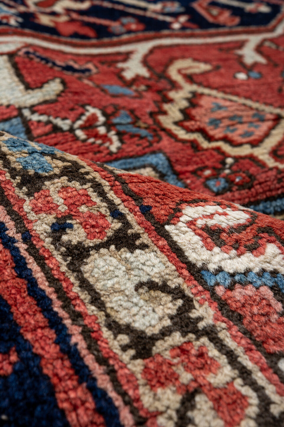 7' x 9' one-of-a-kind handmade vintage Heriz rug. Color palette: blue, brown, dark gray, fiord, gray, light gray, off-white