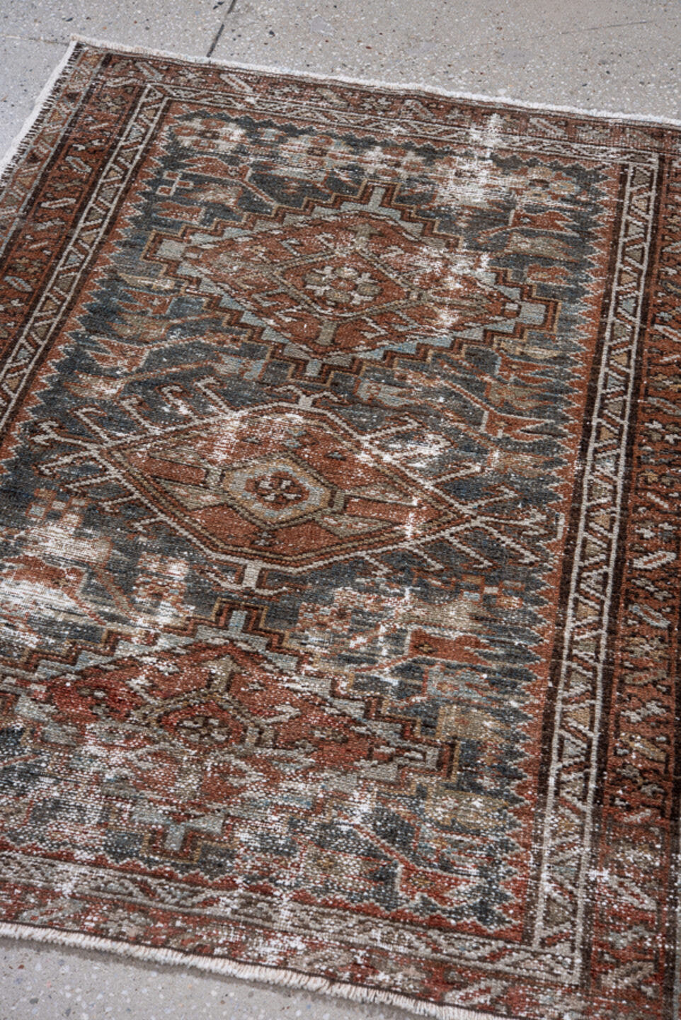 3' x 3' one-of-a-kind handmade vintage Karaje small size rug. Color palette: rust, charcoal, ivory, taupe, brown, camel