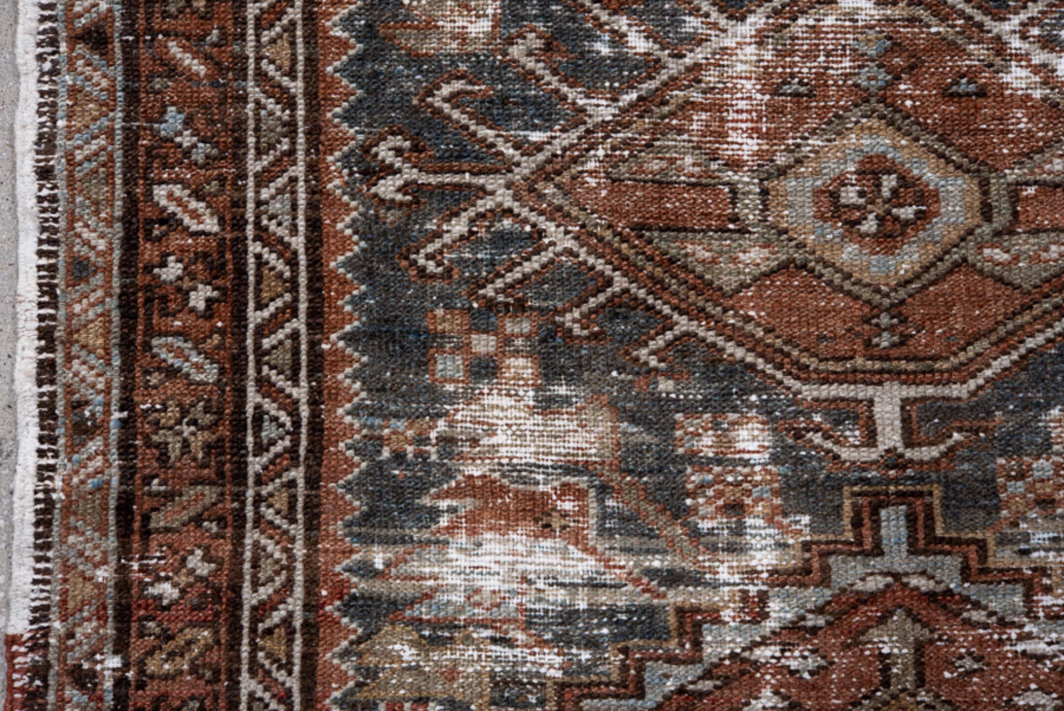 3' x 3' one-of-a-kind handmade vintage Karaje small size rug. Color palette: rust, charcoal, ivory, taupe, brown, camel