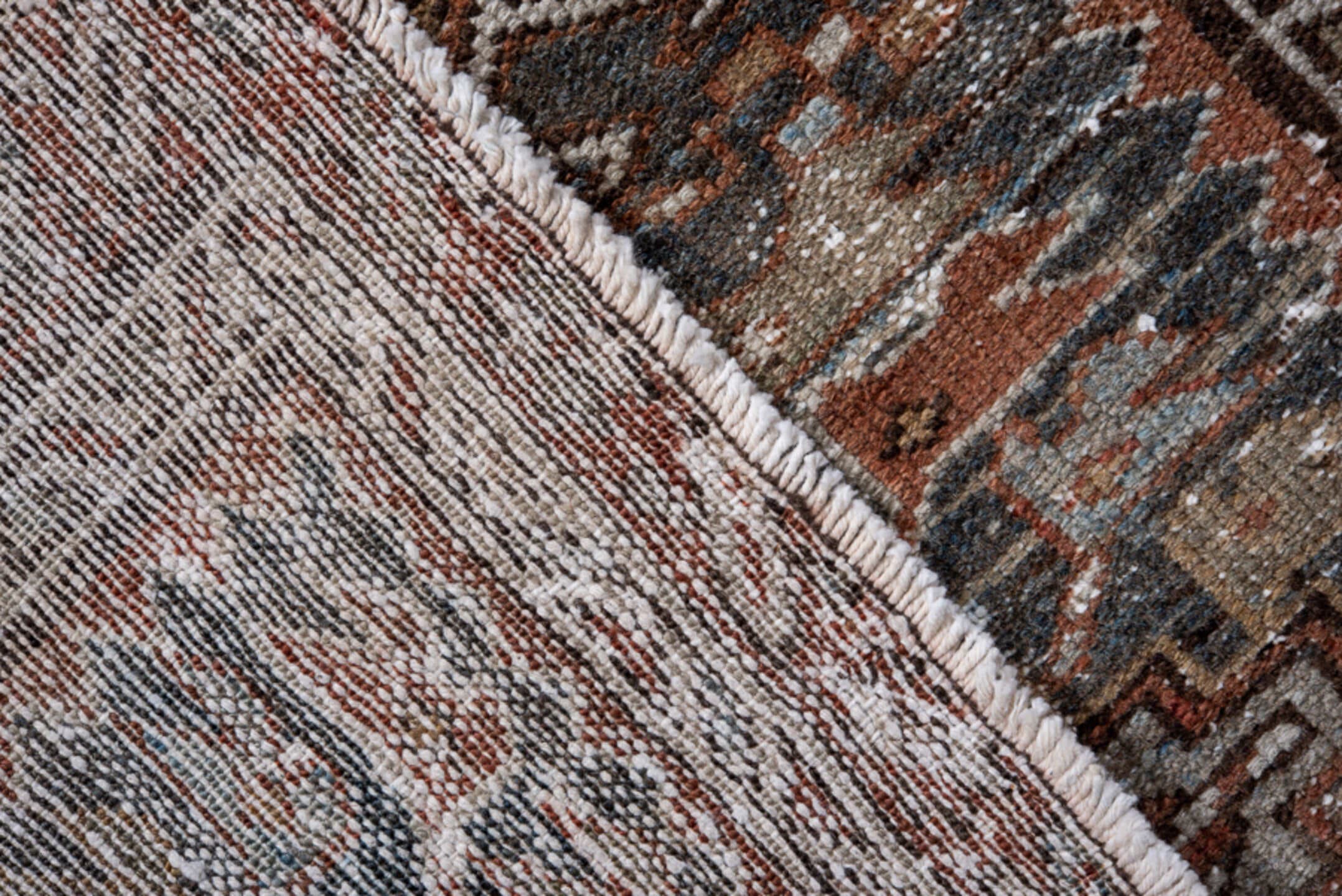 3' x 3' one-of-a-kind handmade vintage Karaje small size rug. Color palette: rust, charcoal, ivory, taupe, brown, camel
