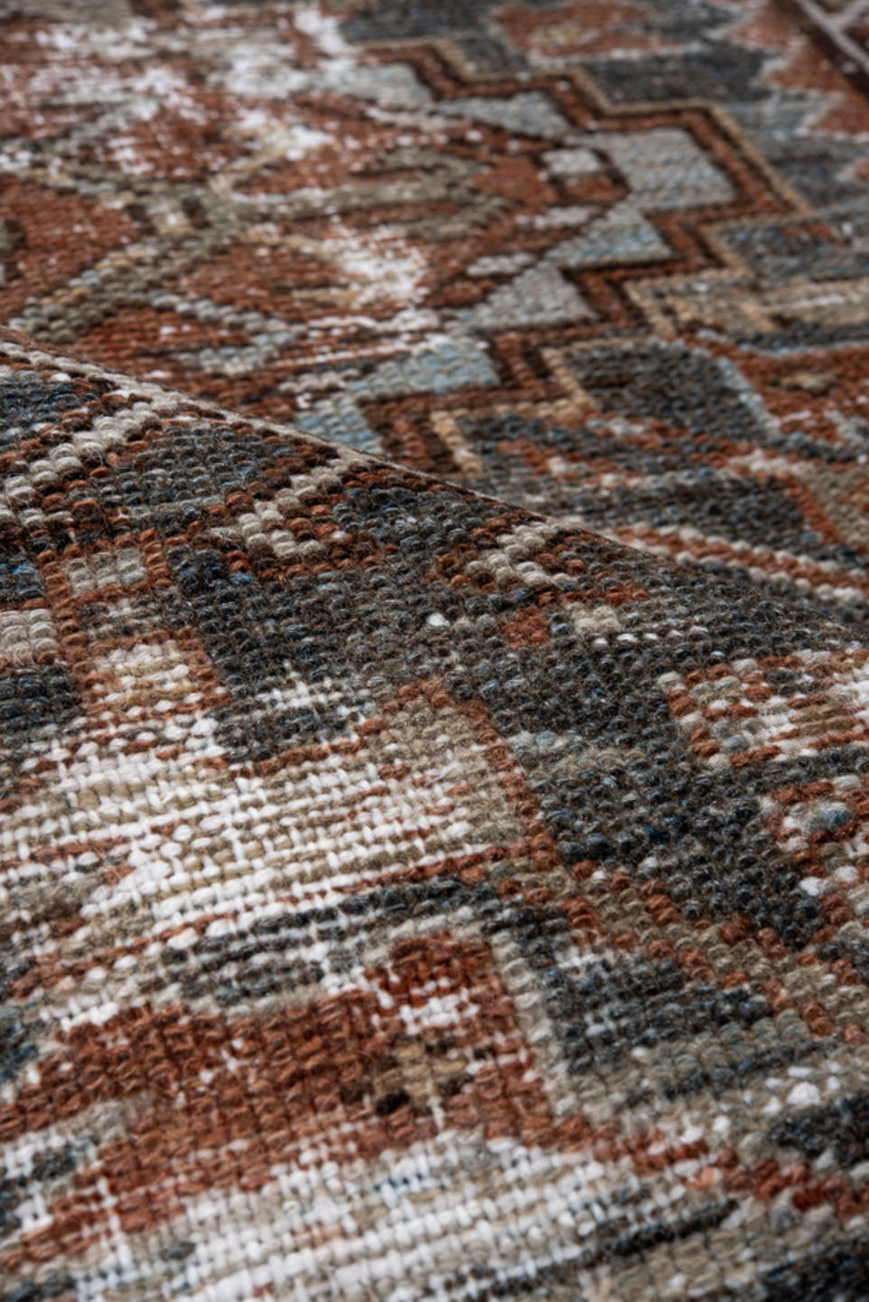 3' x 3' one-of-a-kind handmade vintage Karaje small size rug. Color palette: rust, charcoal, ivory, taupe, brown, camel