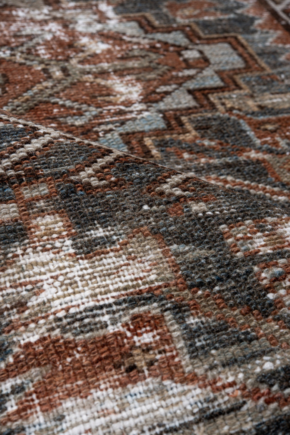 3' x 3' one-of-a-kind handmade vintage Karaje small size rug. Color palette: rust, charcoal, ivory, taupe, brown, camel