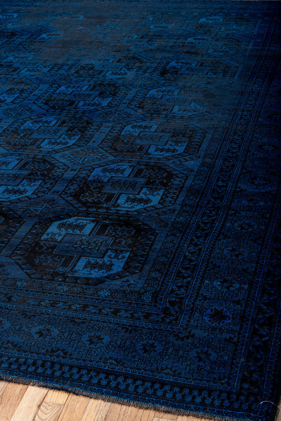 9' x 13' one-of-a-kind handmade antique Overdyed large size rug. Color palette: cobalt, navy, indigo, charcoal, ink blue