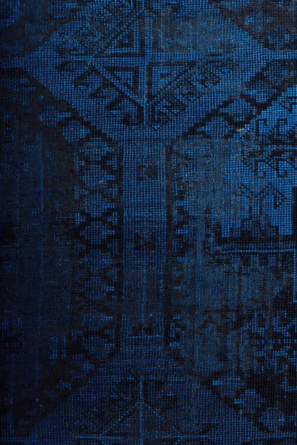 9' x 13' one-of-a-kind handmade antique Overdyed large size rug. Color palette: cobalt, navy, indigo, charcoal, ink blue