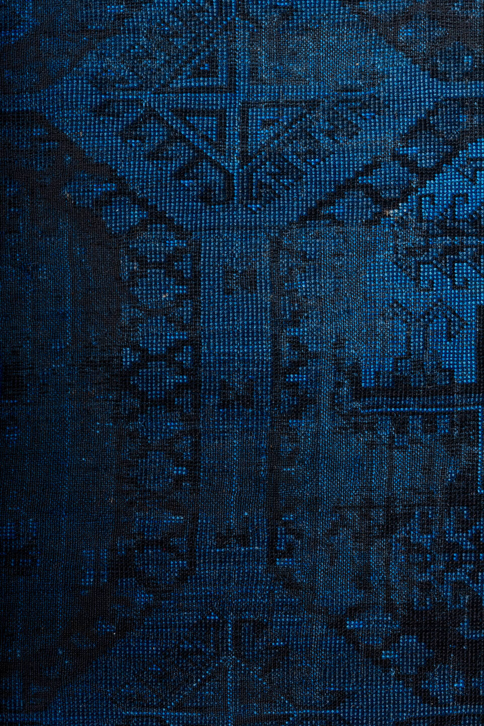 9' x 13' one-of-a-kind handmade vintage Overdyed large size rug. Color palette: blue, dim gray, gray, light gray, off-white