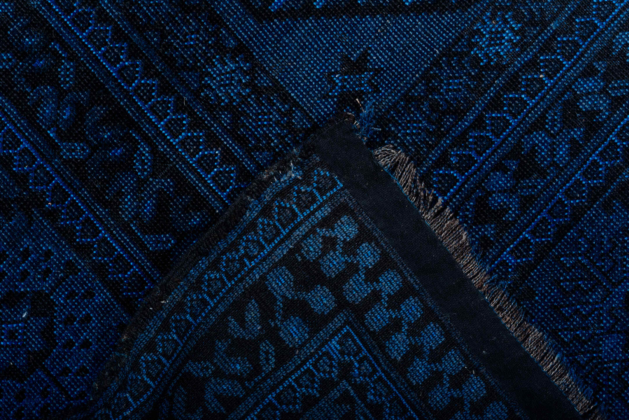 9' x 13' one-of-a-kind handmade vintage Overdyed large size rug. Color palette: blue, dim gray, gray, light gray, off-white