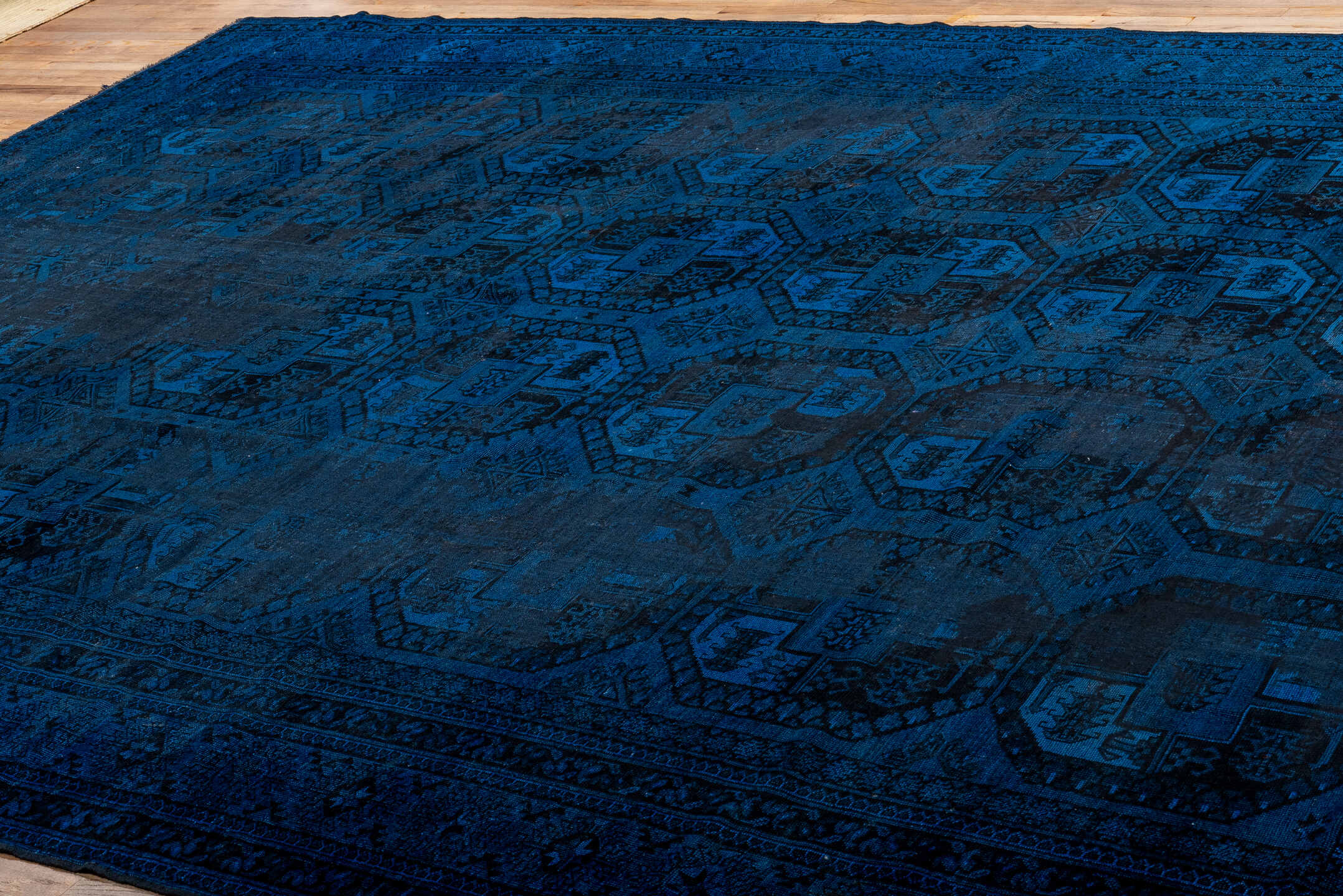 9' x 13' one-of-a-kind handmade vintage Overdyed large size rug. Color palette: blue, dim gray, gray, light gray, off-white