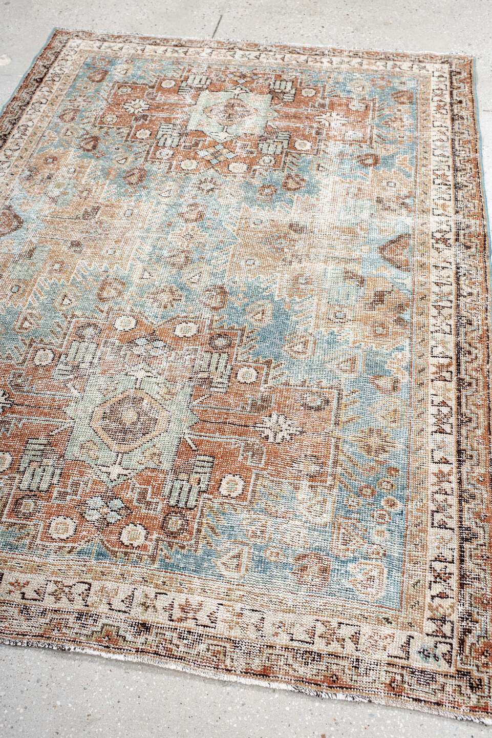 4' x 6' one-of-a-kind handmade antique Afshar small size rug. Color palette: ivory, light blue, camel, rust, taupe, brown