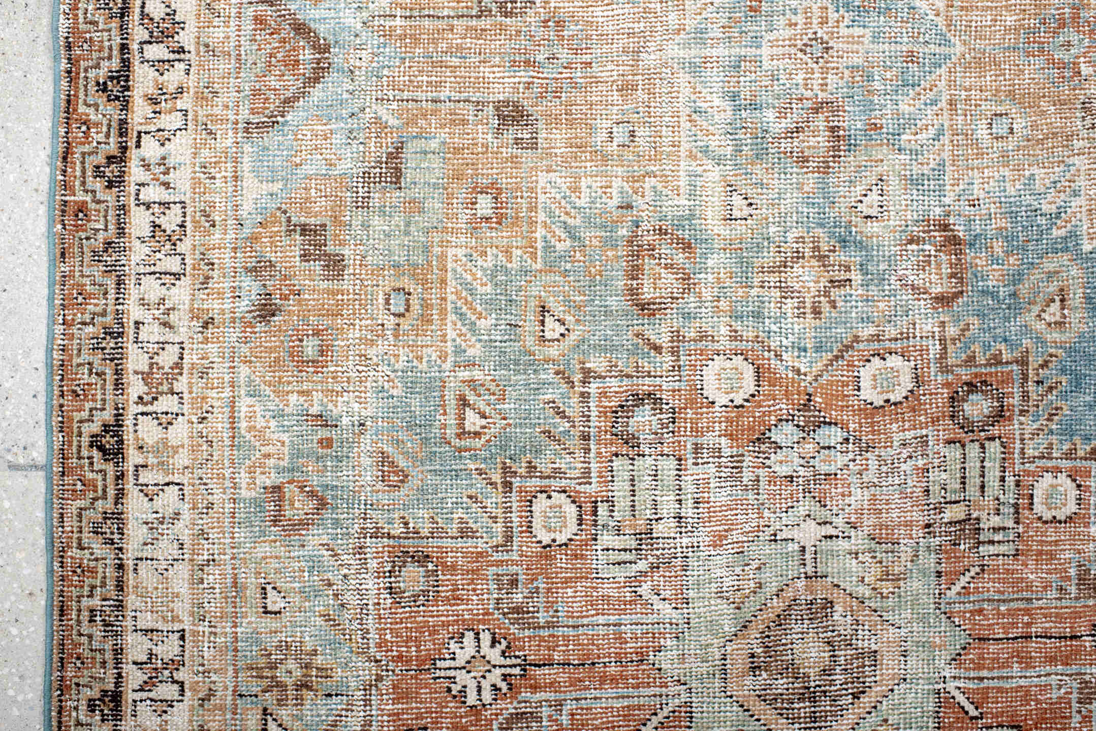 4' x 6' one-of-a-kind handmade antique Afshar small size rug. Color palette: ivory, light blue, camel, rust, taupe, brown
