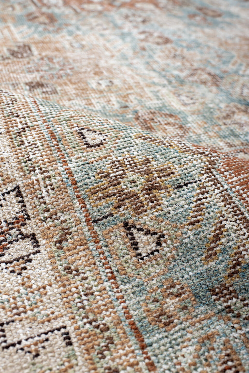4' x 6' one-of-a-kind handmade antique Afshar small size rug. Color palette: ivory, light blue, camel, rust, taupe, brown