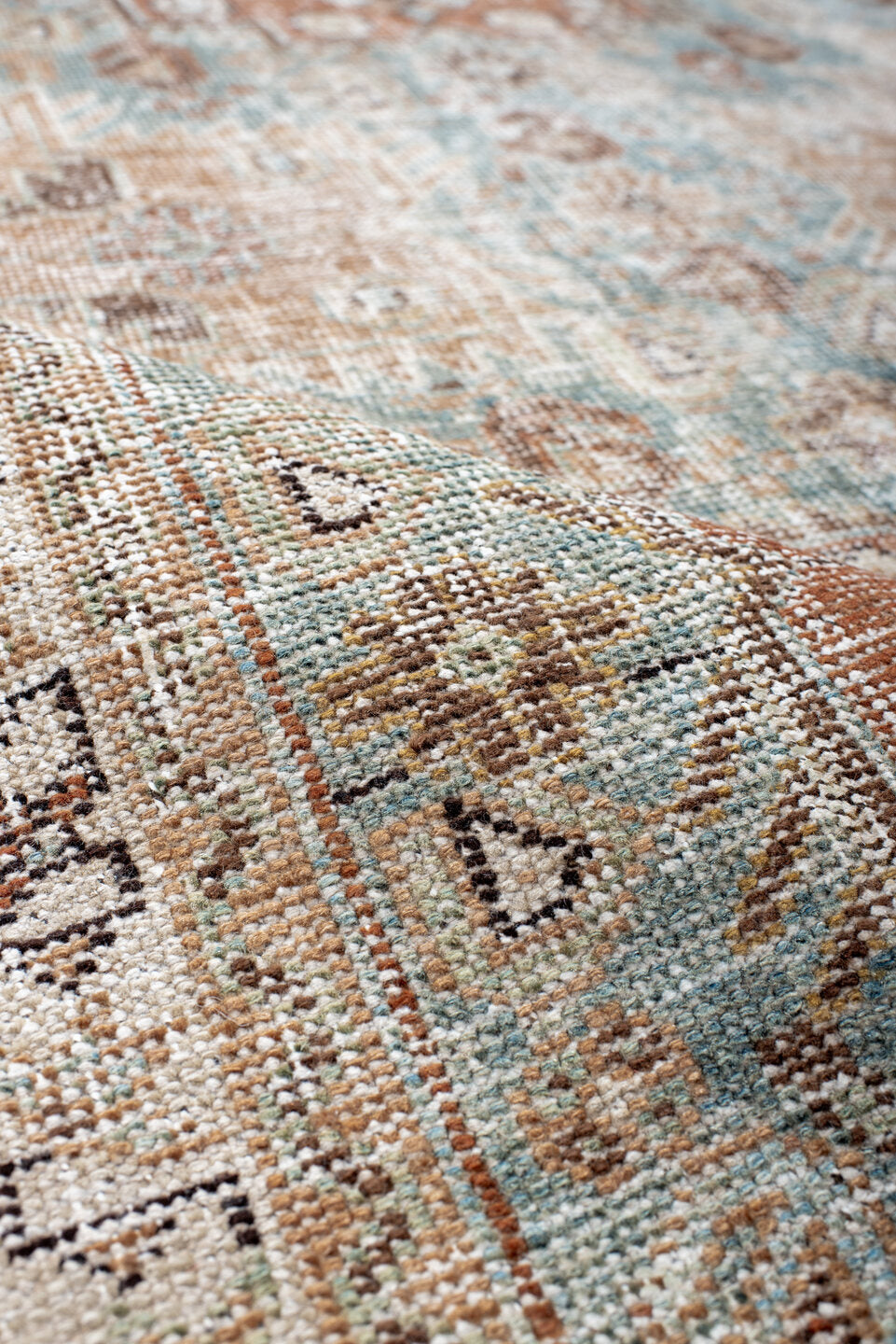 4' x 6' one-of-a-kind handmade antique Afshar small size rug. Color palette: ivory, light blue, camel, rust, taupe, brown