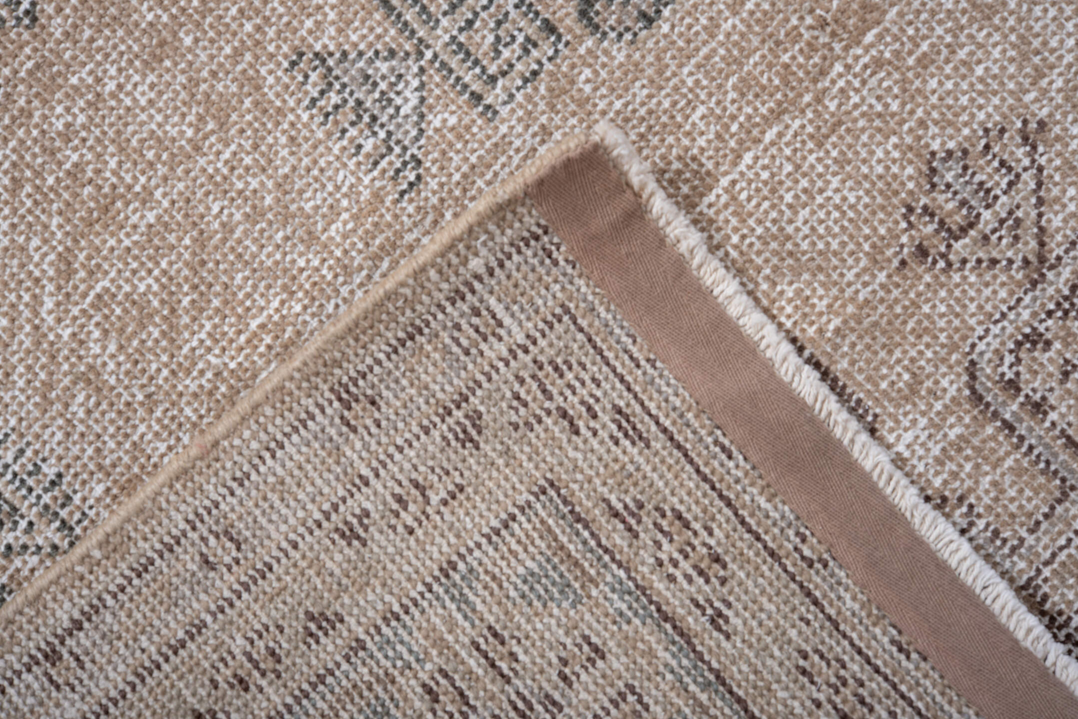 5' x 7' one-of-a-kind handmade antique Veece rug. Color palette: beige, ivory, taupe, slate, pale blue, brown, gray