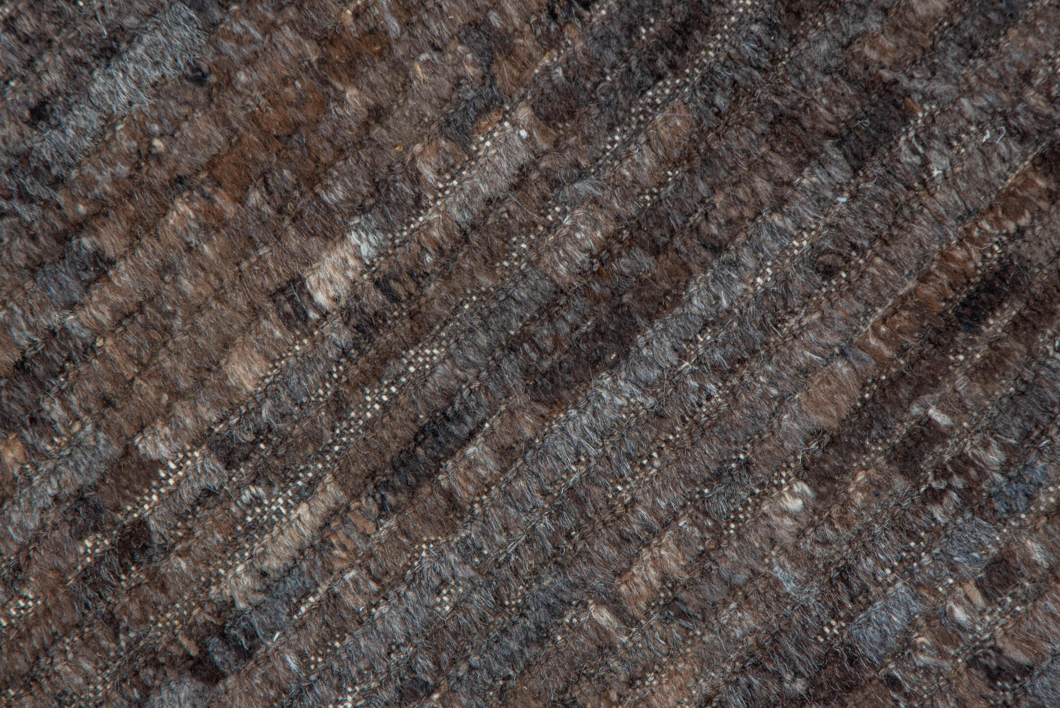 9' x 12' one-of-a-kind handmade vintage Tulu large size rug. Color palette: taupe, brown, charcoal, mushroom, espresso