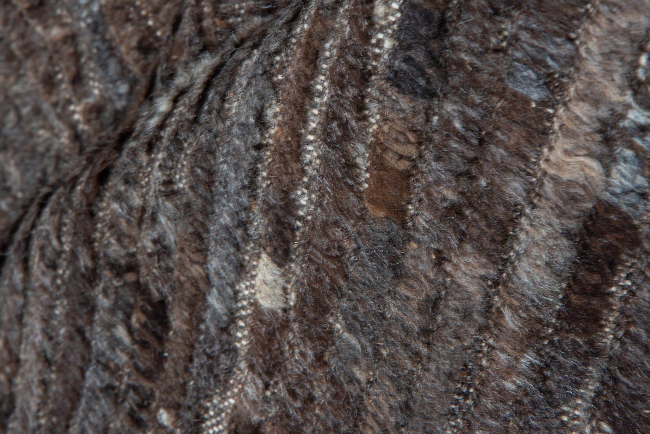 9' x 12' one-of-a-kind handmade vintage Tulu large size rug. Color palette: taupe, brown, charcoal, mushroom, espresso
