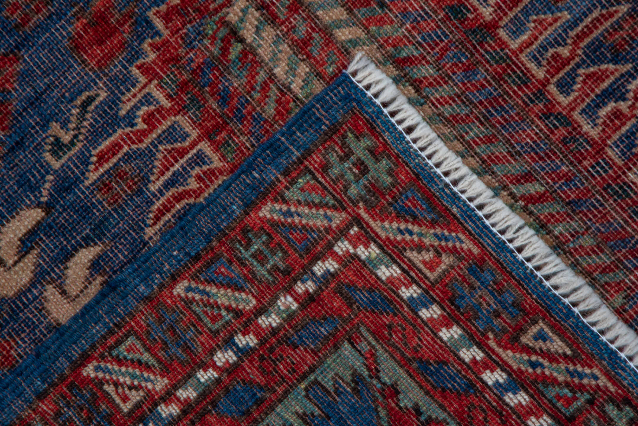 5' x 8' one-of-a-kind handmade vintage Shirvan medium size rug. Color palette: blue, brown, gray, pink, red, redwood