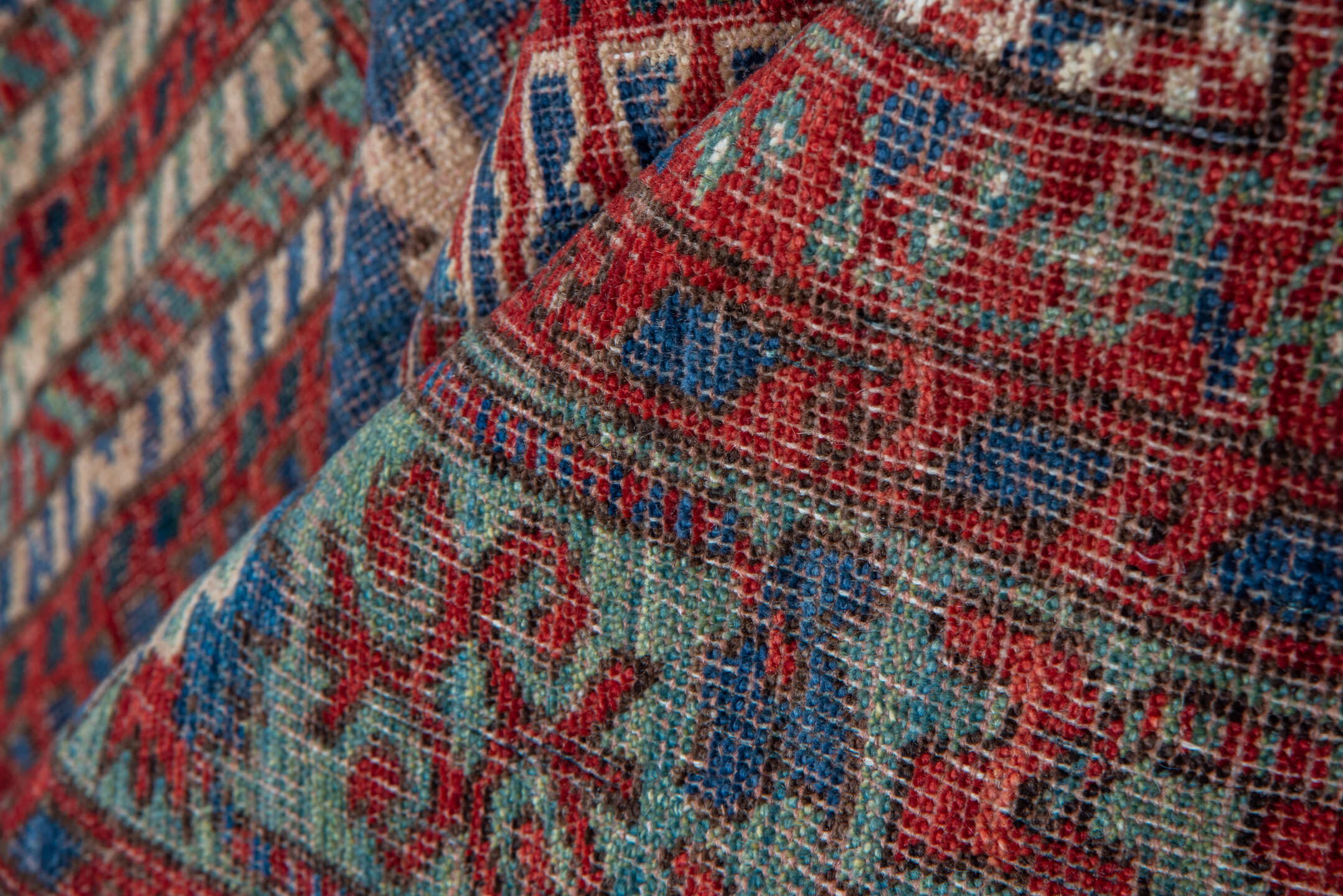 5' x 8' one-of-a-kind handmade vintage Shirvan medium size rug. Color palette: blue, brown, gray, pink, red, redwood