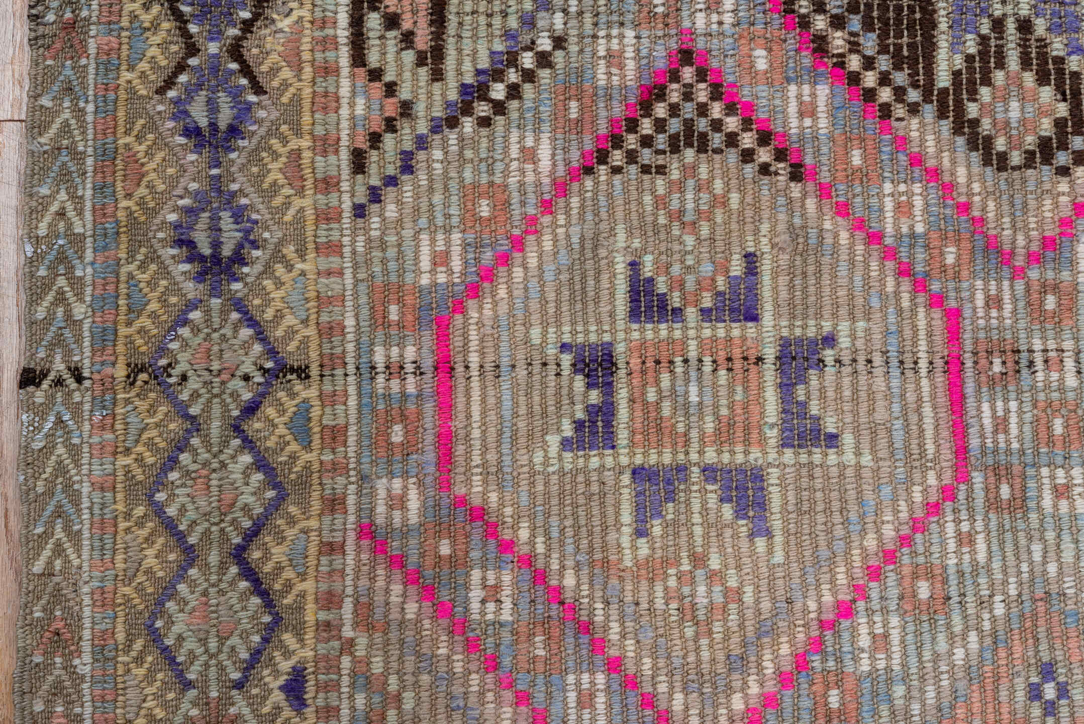 6' x 9' one-of-a-kind handmade antique Jijim medium size rug. Color palette: camel, taupe, rose, ivory, slate, violet, sand