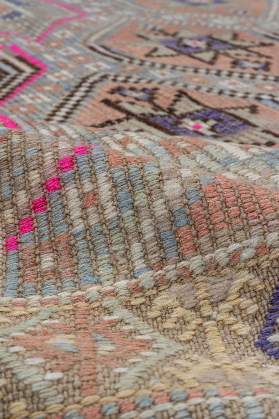 6' x 9' one-of-a-kind handmade antique Jijim medium size rug. Color palette: camel, taupe, rose, ivory, slate, violet, sand