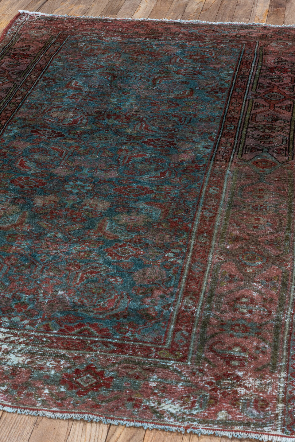 3' x 5' one-of-a-kind handmade vintage Malayer small size rug. Color palette: rust, teal, rose, burgundy, ivory, charcoal