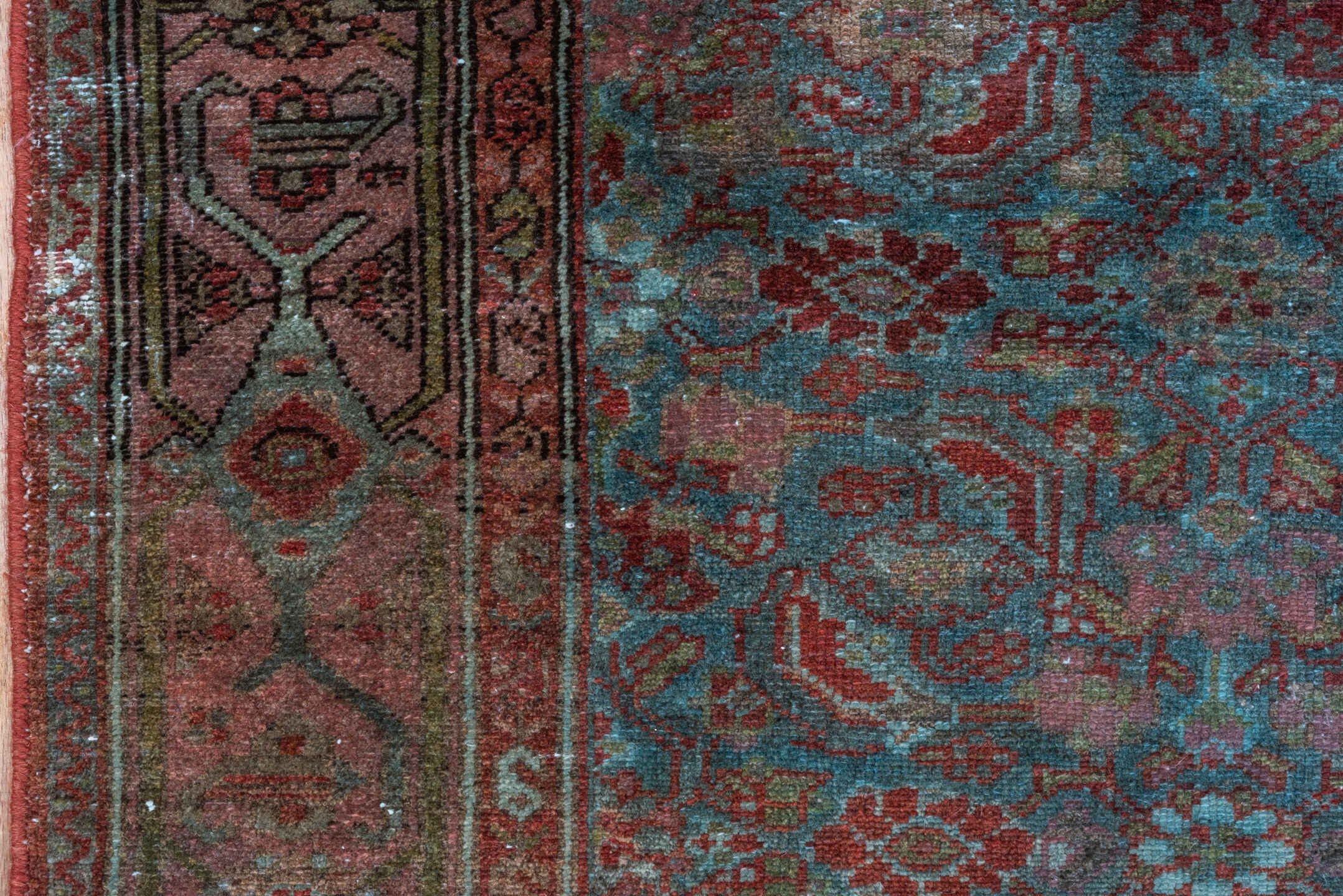 3' x 5' one-of-a-kind handmade vintage Malayer small size rug. Color palette: rust, teal, rose, burgundy, ivory, charcoal