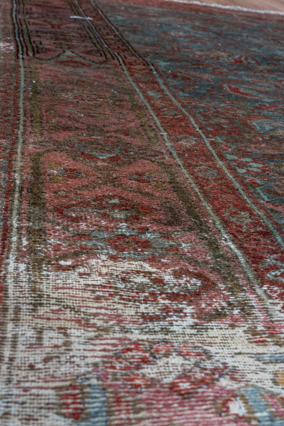 3' x 5' one-of-a-kind handmade vintage Malayer small size rug. Color palette: rust, teal, rose, burgundy, ivory, charcoal