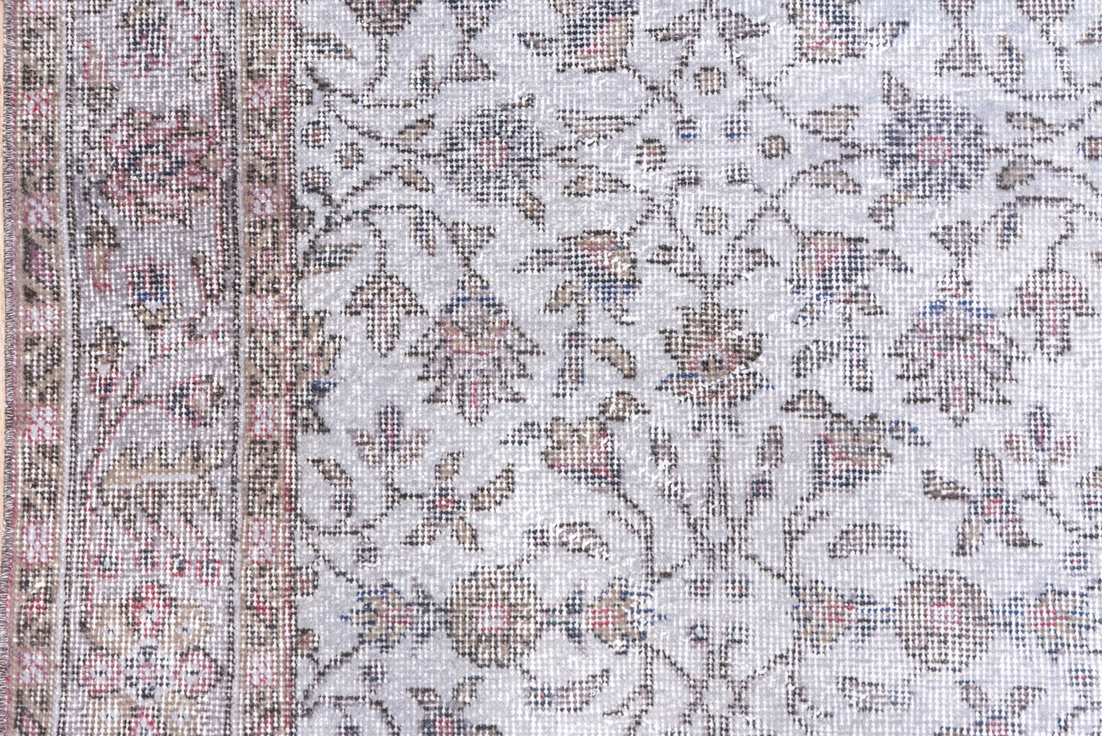 5' x 9' one-of-a-kind handmade vintage Overdyed medium size rug. Color palette: ivory, blush, taupe, rose, beige