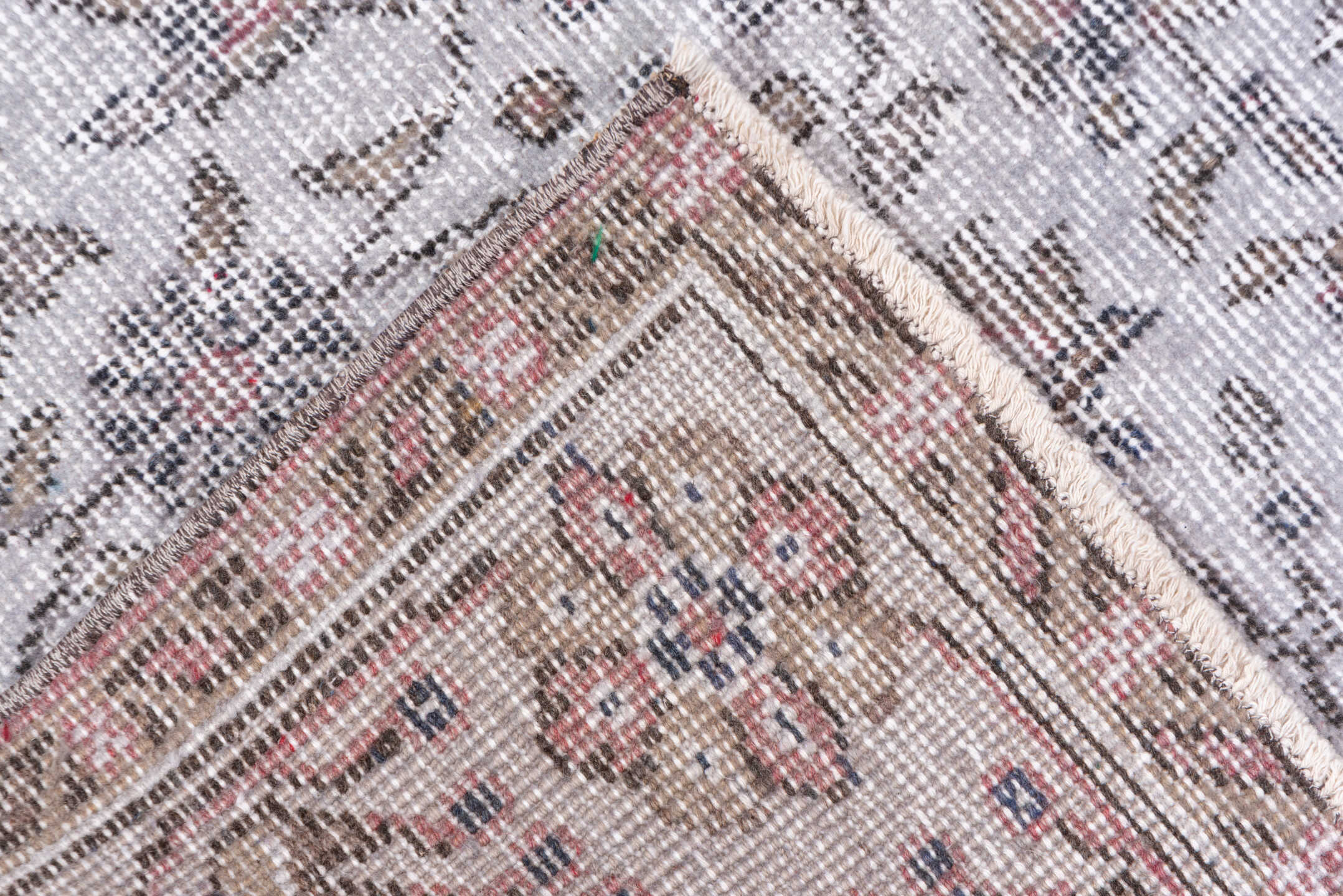 5' x 9' one-of-a-kind handmade vintage Overdyed medium size rug. Color palette: ivory, blush, taupe, rose, beige