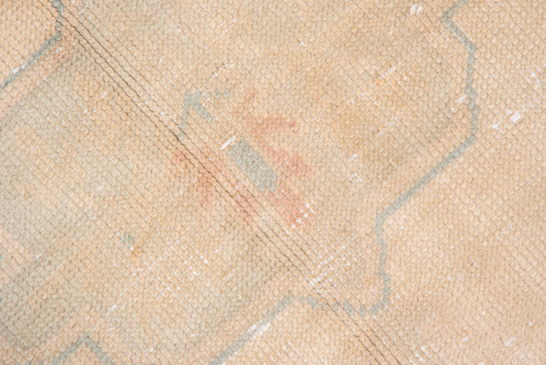 7' x 14' one-of-a-kind handmade antique Oushak large size rug. Color palette: apricot, ivory, peach, sage, taupe, rose